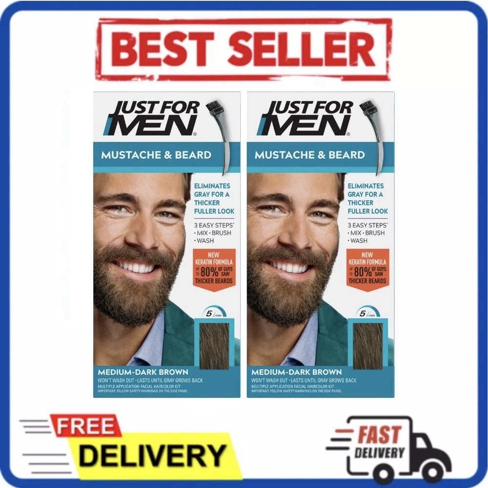 (2 Pk) Just For Men Mustache & Beard Brush-In  M-40 Medium Dark Brown Hair Dye